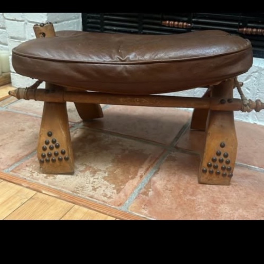 Vtg Egyptian Camel Saddle Stool Mid Century Footstool Ottoman Faux Leather Seat